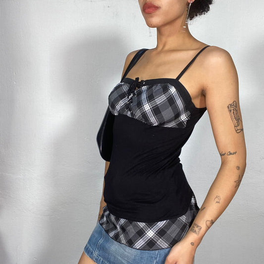 Vintage 2000's Downtown Girl Black and Plaid Top with Lace Up Detail (S)