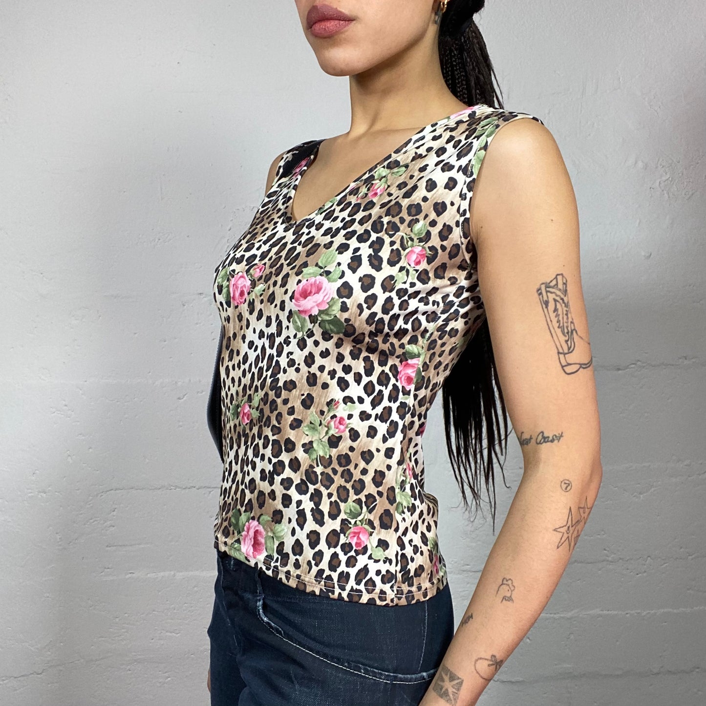 Vintage 90's Janice Brown Top with Cheetah and Pink Roses Print (S)