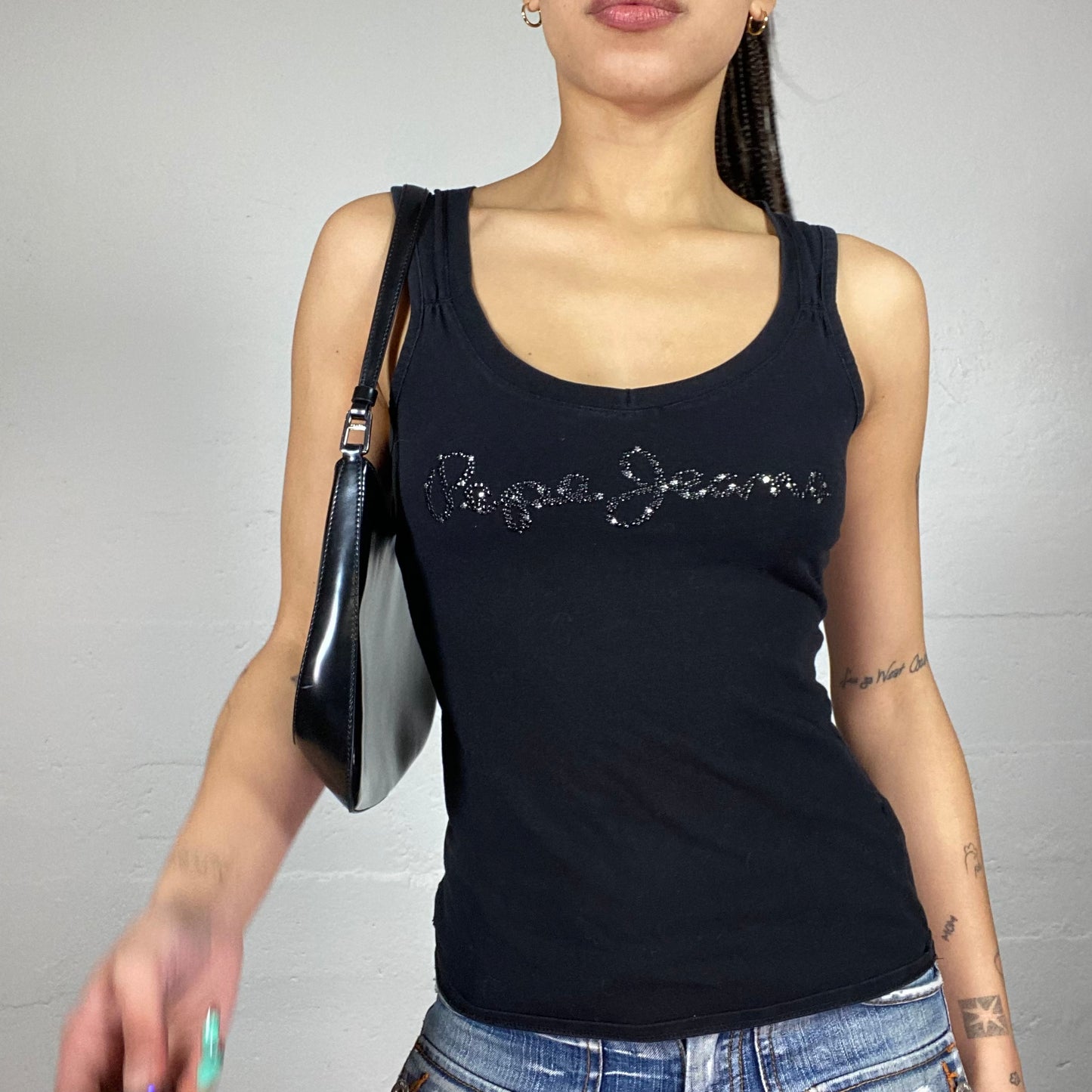 Vintage 90's Pepe Jeans Model Off Duty Black Top with Strass Brand Name (S)