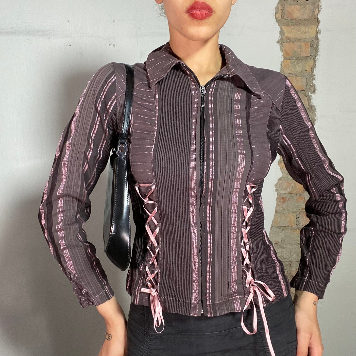 Vintage 2000's Punky Brown and Pink Zip Up Blouse with Ribbon Lace Up Detail (S)
