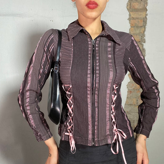 Vintage 2000's Punky Brown and Pink Zip Up Blouse with Ribbon Lace Up Detail (S)