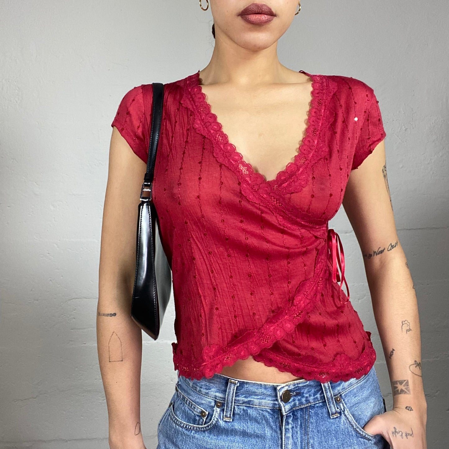 Vintage 2000's Romantic Girl Red Wrapped Top with Sequins Detail (S)