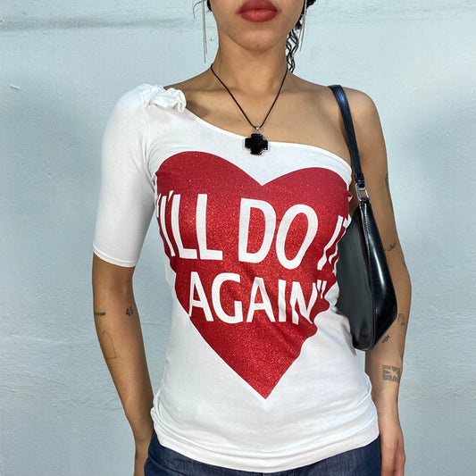 Vintage 2000's Downtown Girl White One Shoulder Top with Glittery Red Heart "I'll do it again" Print (S)