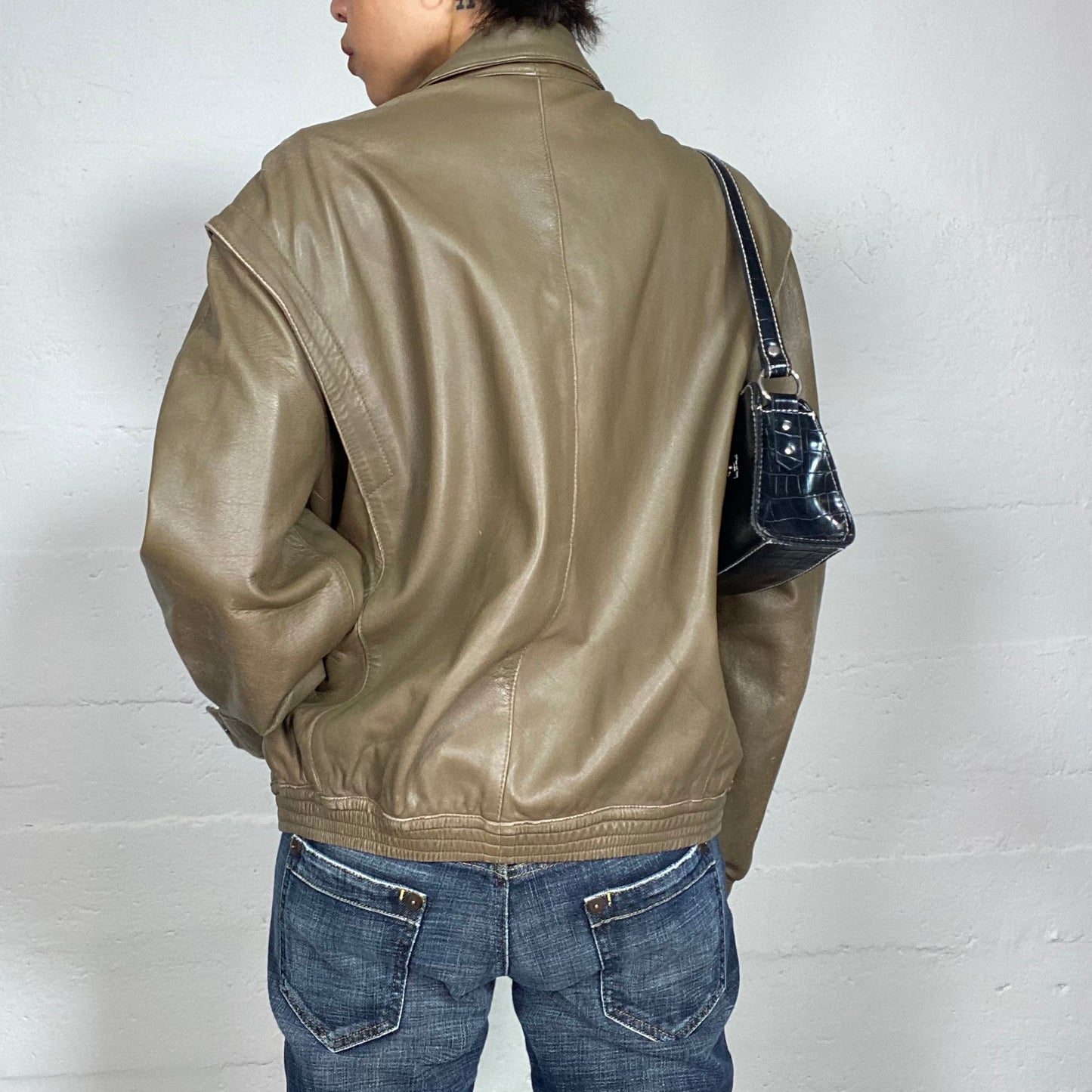 Vintage 90's Streetwear Olive Green Leather Short Racer Jacket (L)