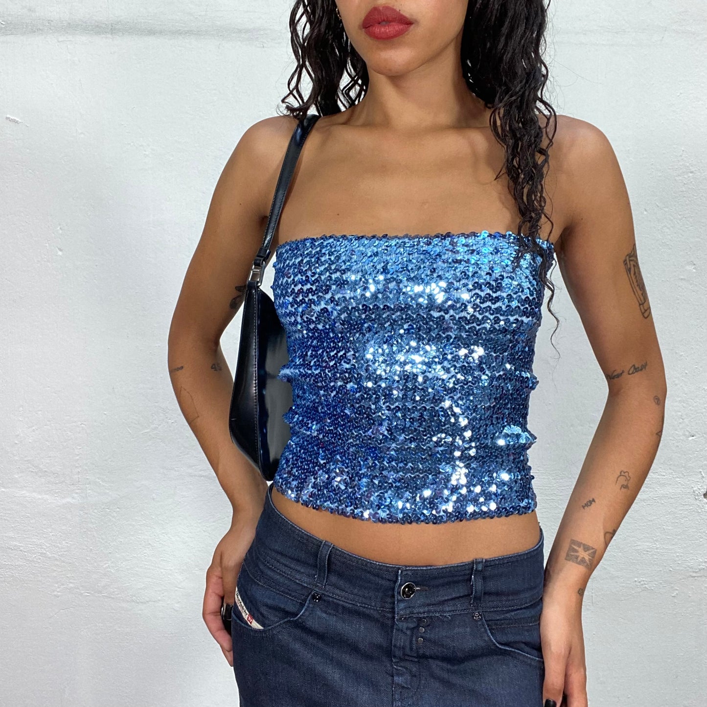 Vintage 2000's Clubwear Aqua Blue Bandeau Top with Sequins (S)