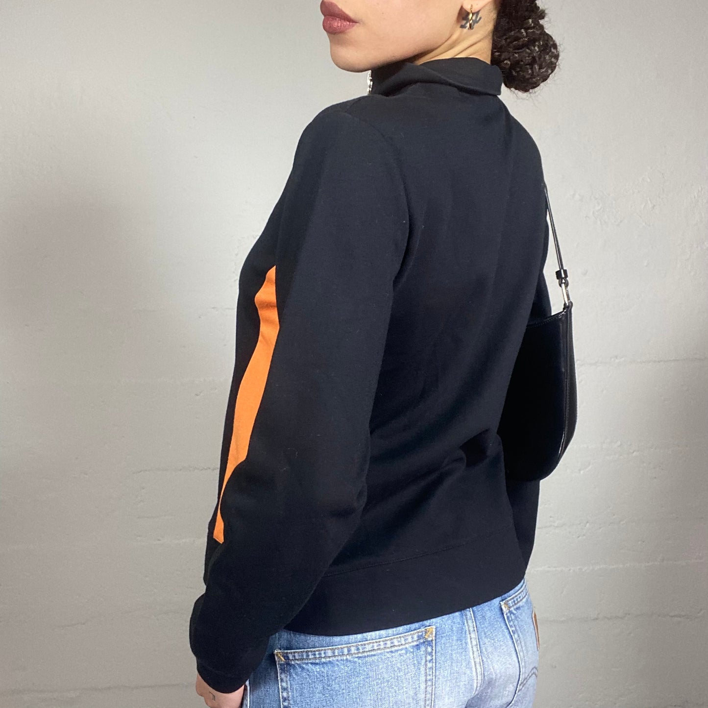 Vintage 90's Sporty Girl Black Zip Up Hoodie with Orange "Sports" Print (M)