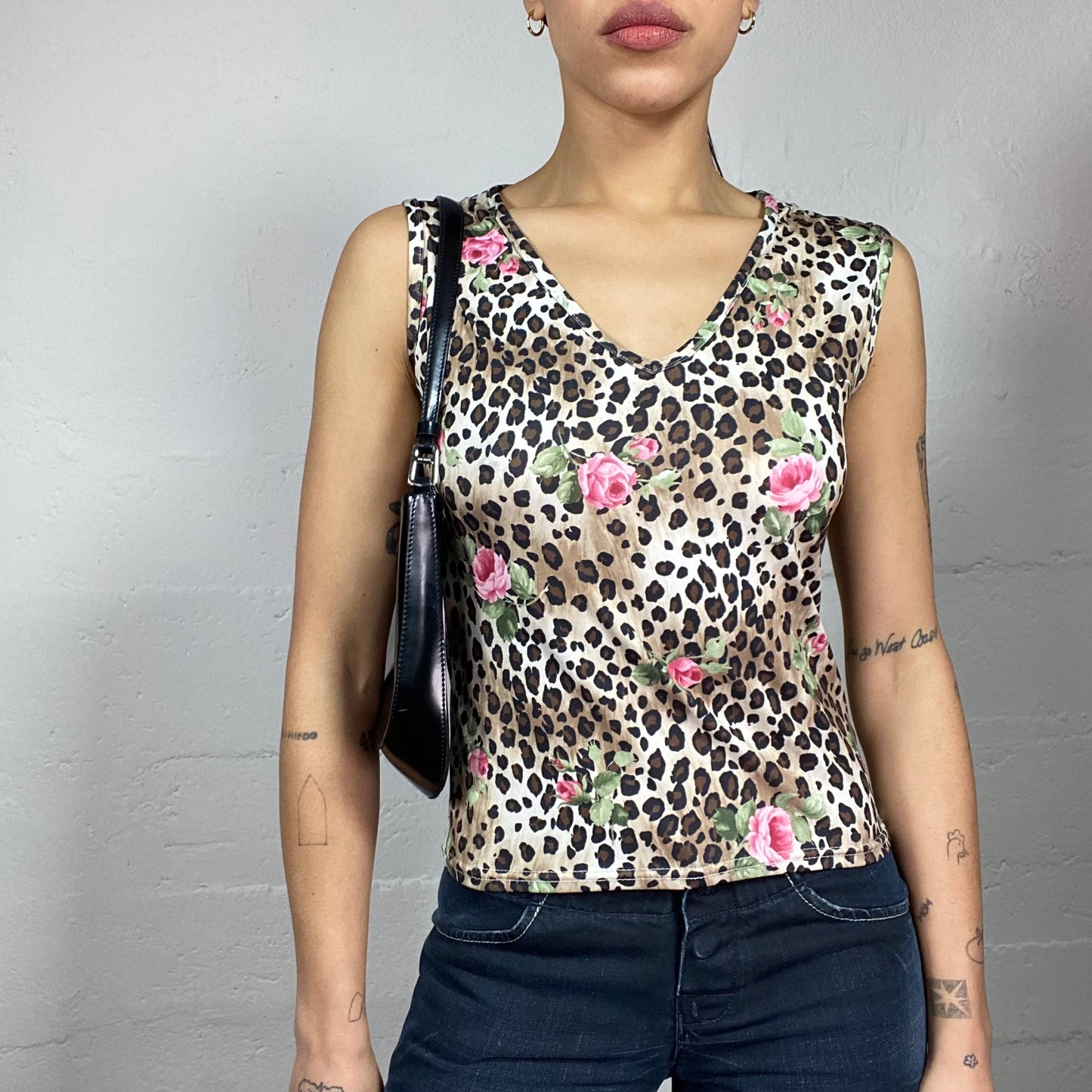 Vintage 90's Janice Brown Top with Cheetah and Pink Roses Print (S)