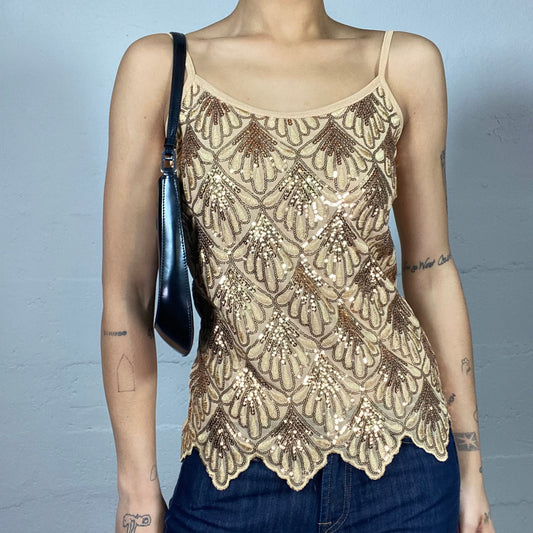 Vintage 2000's Festive Camel Knitted Top with Sequins Shell Print Detail (S/M)