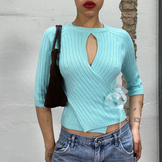 Vintage 2000's Downtown Girl Turquoise Criss Cross Knit Sweater (S)