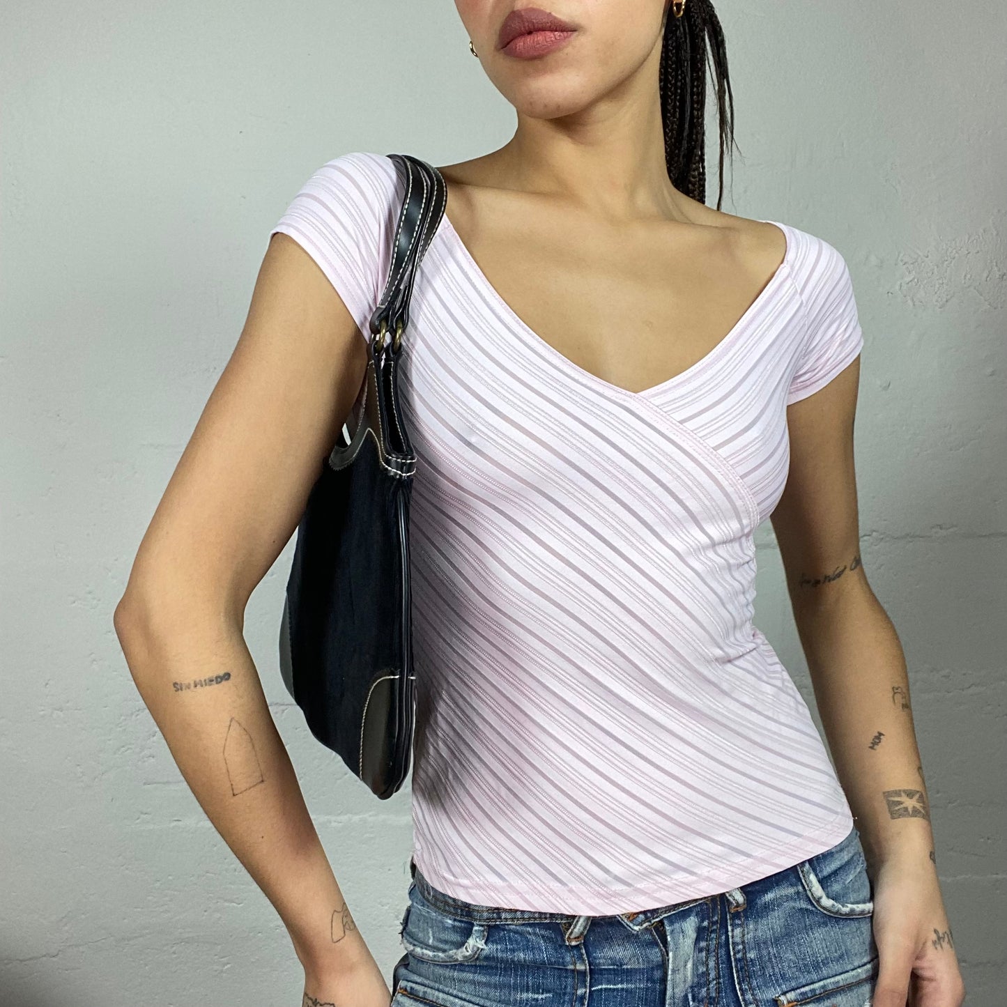 Vintage 2000's Downtown Girl Pink Wrapped Top with Stripes Print (S)