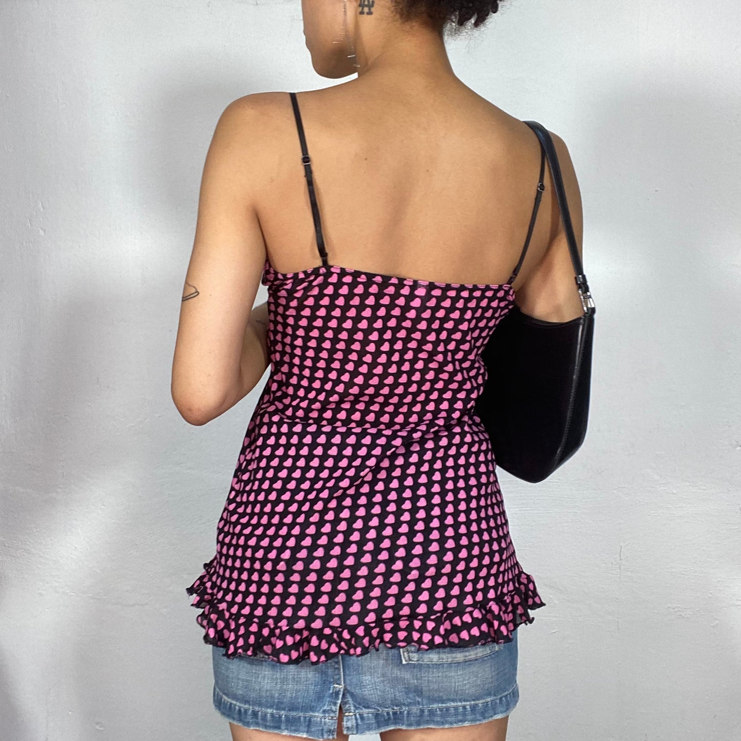 Vintage 2000's Coquette Black Cami Top with Pink Heart Print (S)