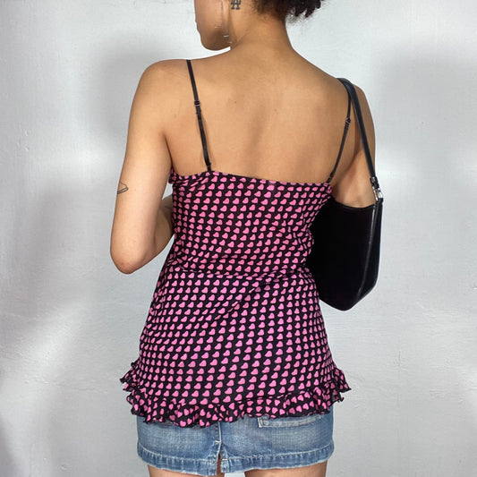 Vintage 2000's Coquette Black Cami Top with Pink Heart Print (S)