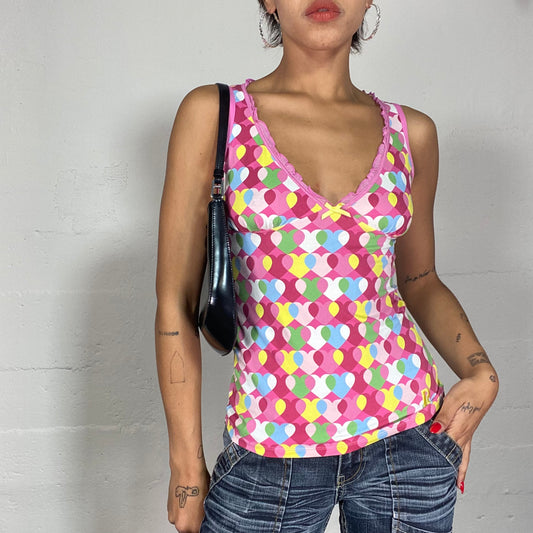 Vintage 2000's Barbie Core Pink Cami Top with Colourful Hearts Print (S)