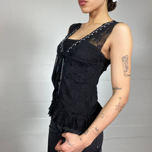 Vintage 2000's Whimsigoth Black Corset Top with Lace Covering Material (M/L)
