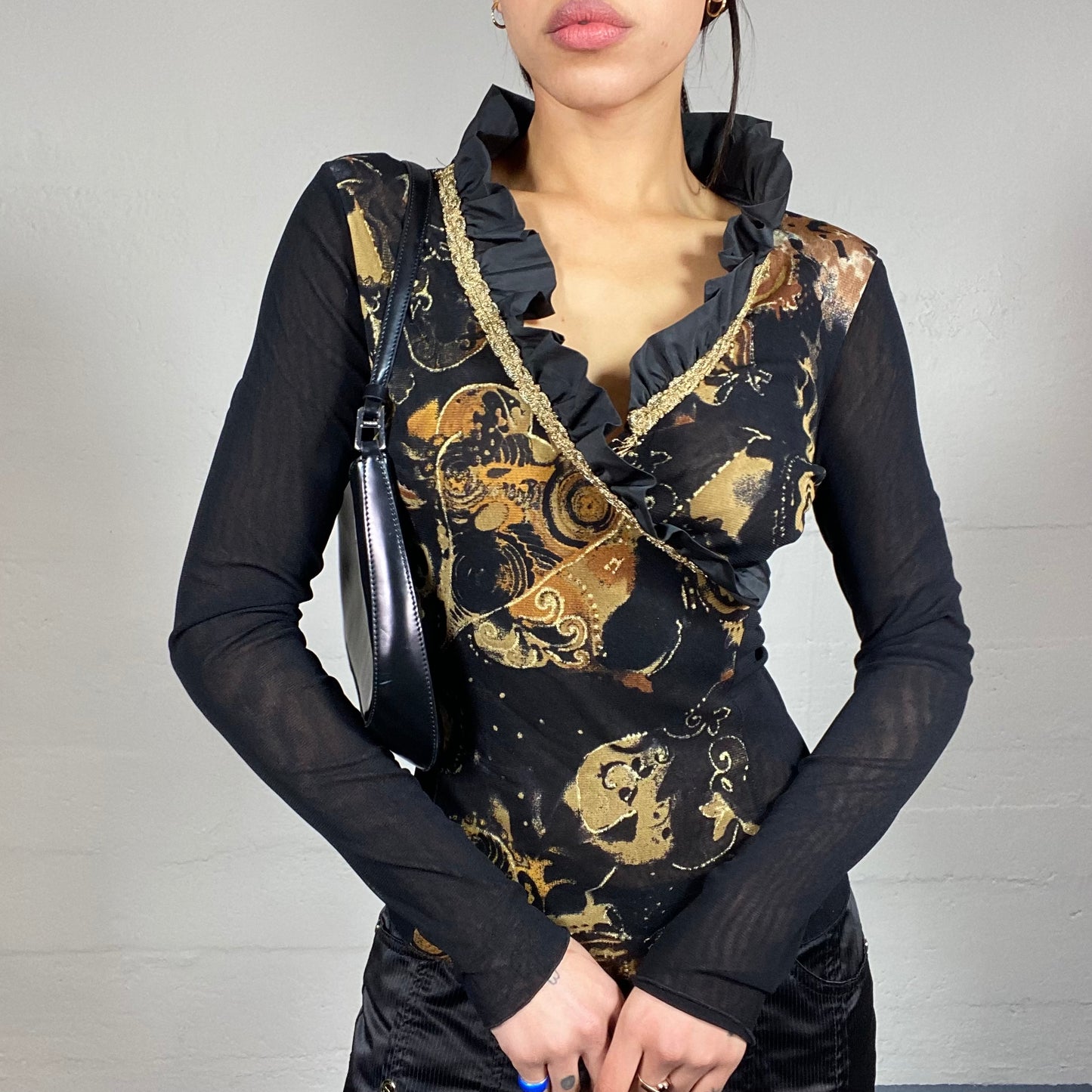 Vintage 2000's Whimsigoth Mesh Longsleeve Top with Beige Dreamy Print and Frilled Collar Detail (S/M)
