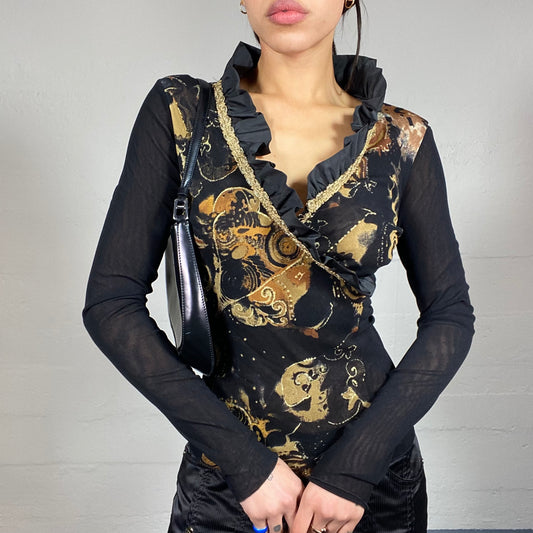 Vintage 2000's Whimsigoth Mesh Longsleeve Top with Beige Dreamy Print and Frilled Collar Detail (S/M)
