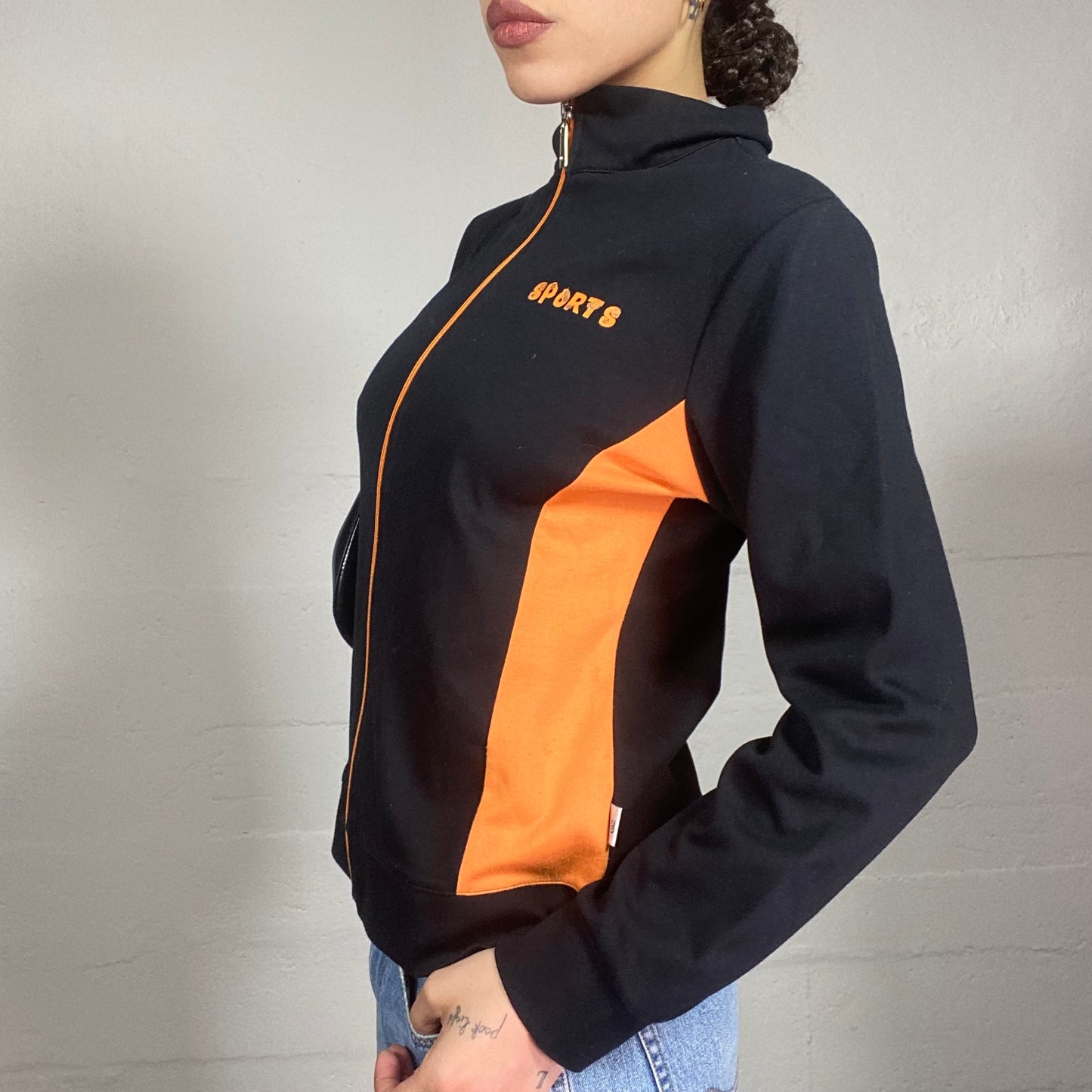 Vintage 90's Sporty Girl Black Zip Up Hoodie with Orange "Sports" Print (M)