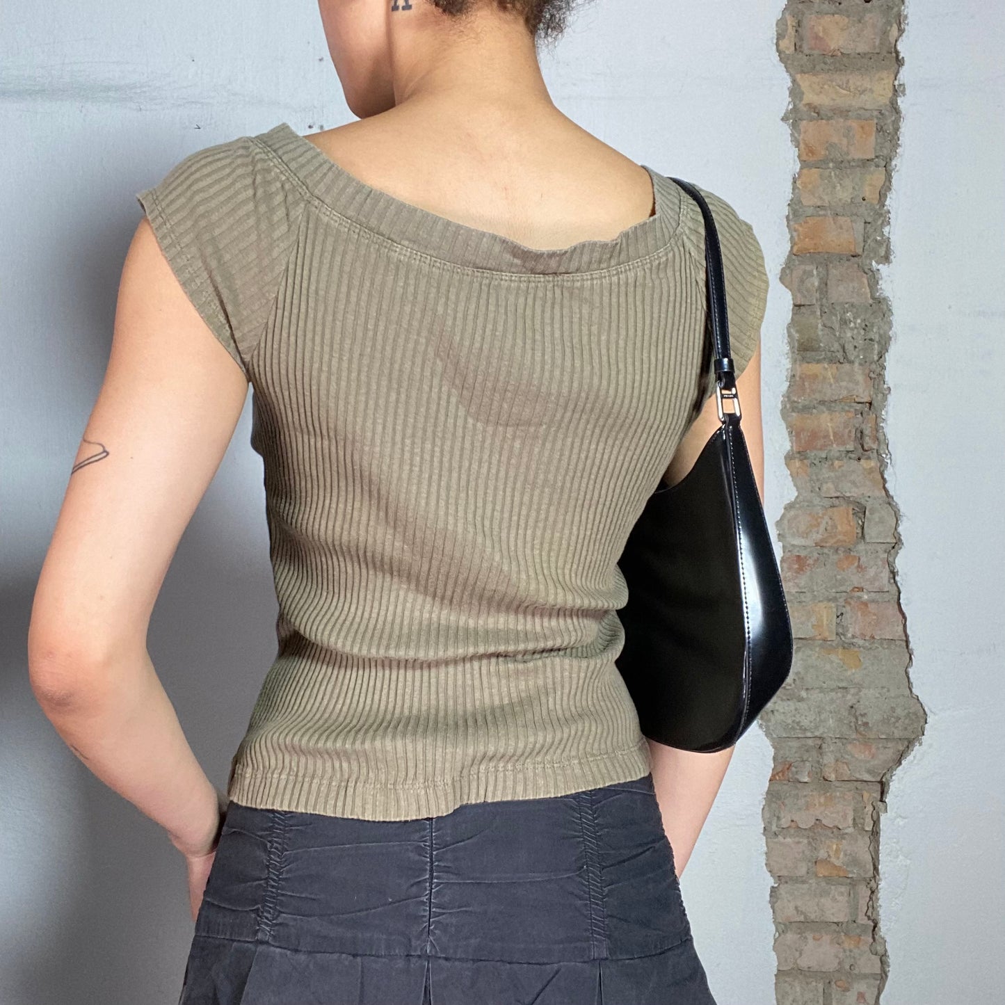 Vintage 2000's Morgan de Toi Khaki Ribbed Shirt with Zipper Detail (S)