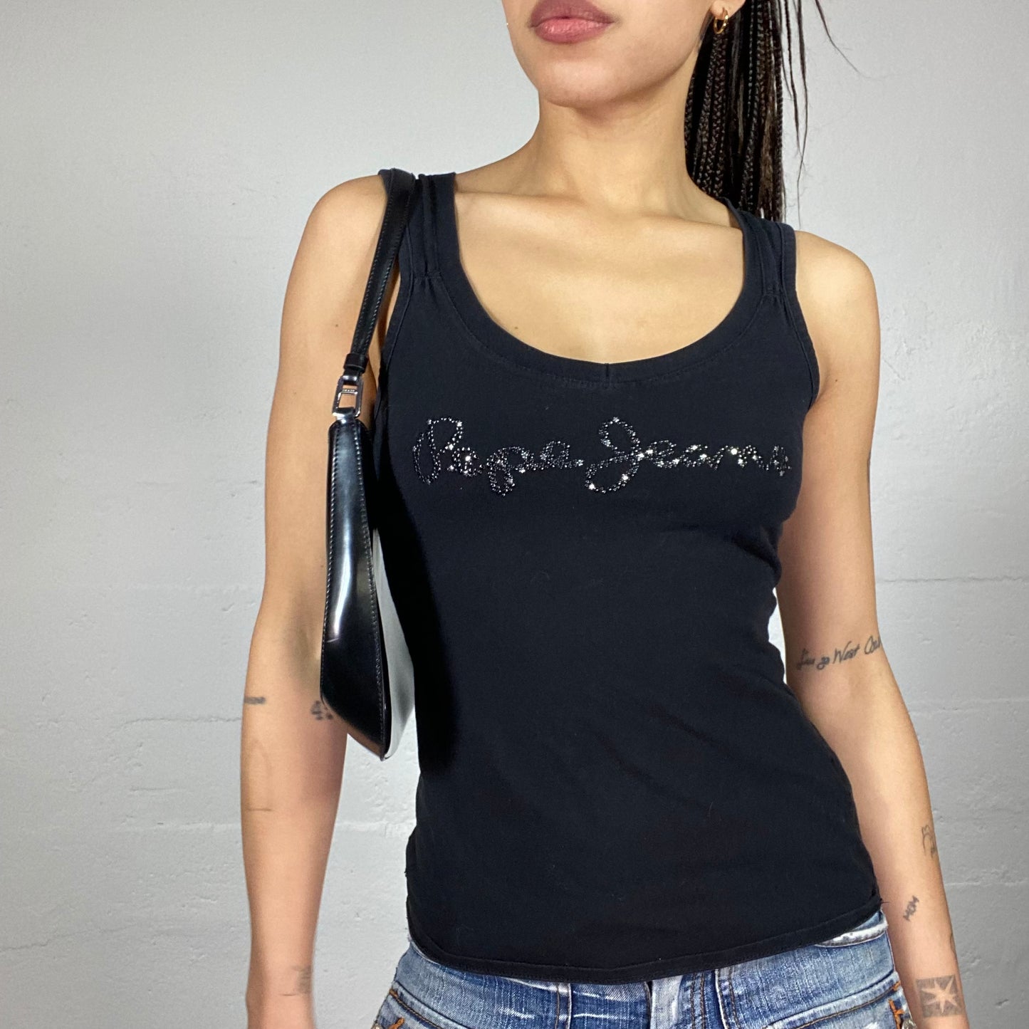 Vintage 90's Pepe Jeans Model Off Duty Black Top with Strass Brand Name (S)