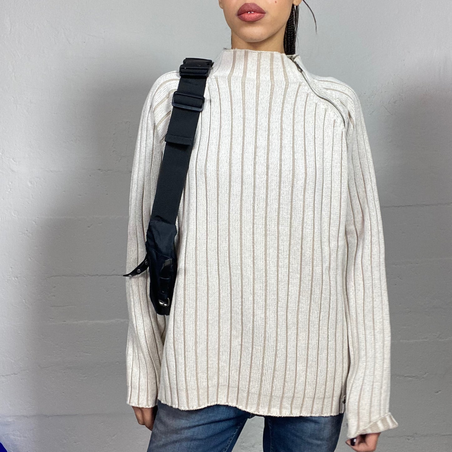 Vintage 90's Cyber Off White High Neck Knit Sweater with side Zip Up Detail (L)