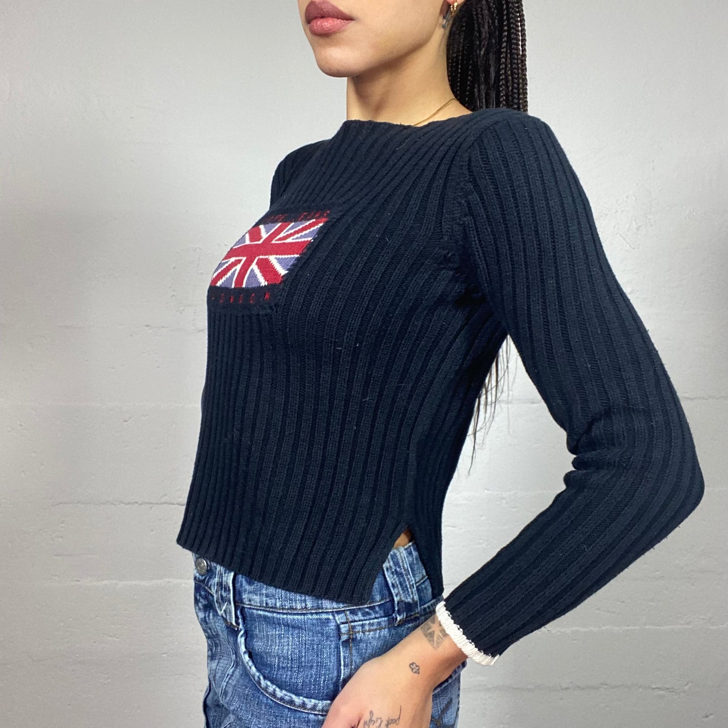 Vintage 2000's Pepe Jeans Black Knit Pullover with Navy Brand UK Flag Detail (S)