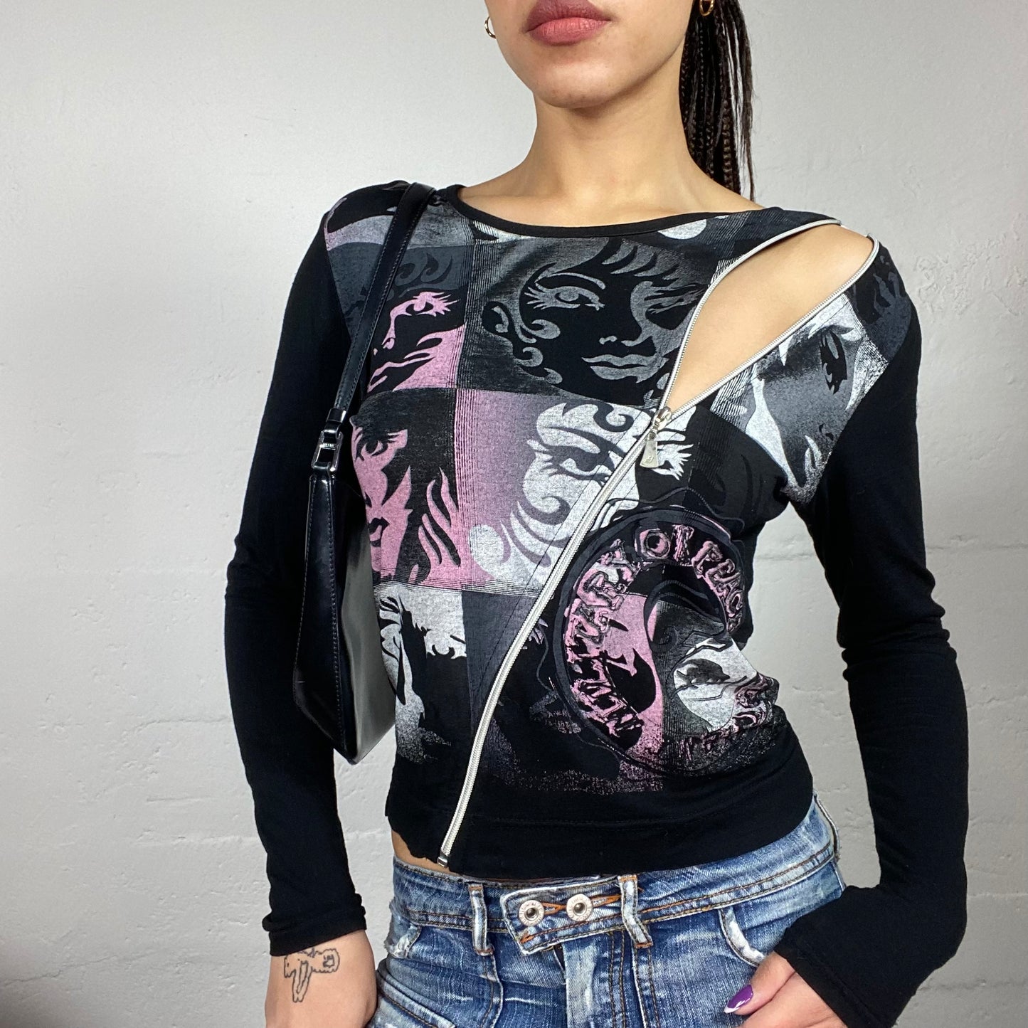 Vintage 2000's Girl Pop Black Longsleeve Top with Pink Womans Print and Crossed Zip Detail (S/M)
