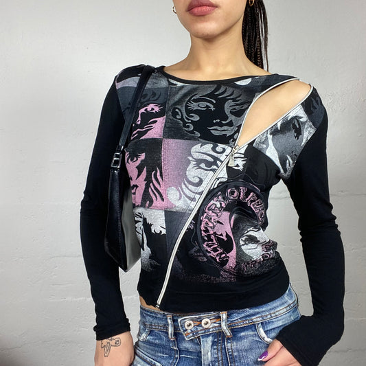 Vintage 2000's Girl Pop Black Longsleeve Top with Pink Womans Print and Crossed Zip Detail (S/M)