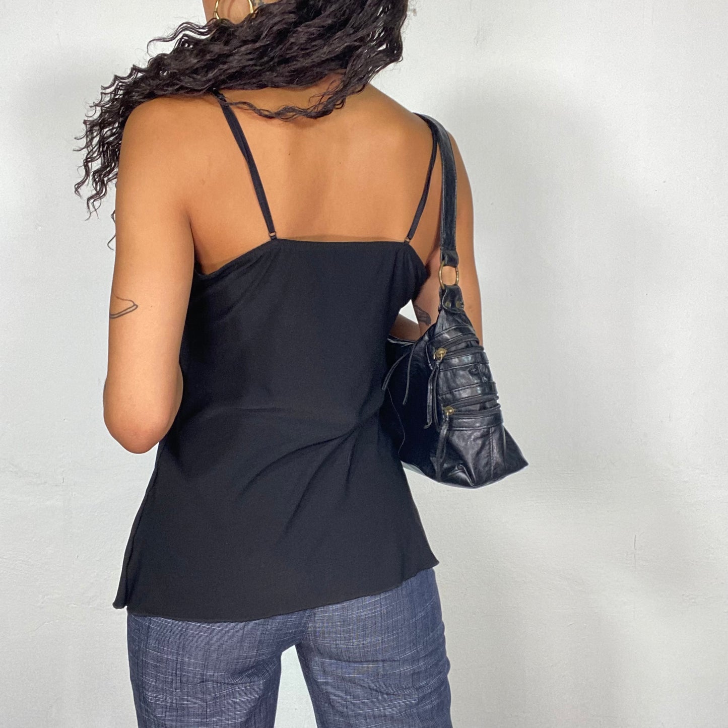 Vintage 2000's Clubwear Black Top with Velvet Draped Part and Floral Neck Detail (M)