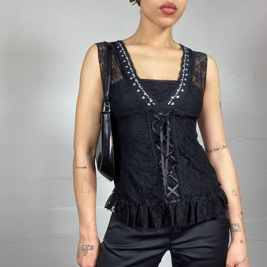 Vintage 2000's Whimsigoth Black Corset Top with Lace Covering Material (M/L)