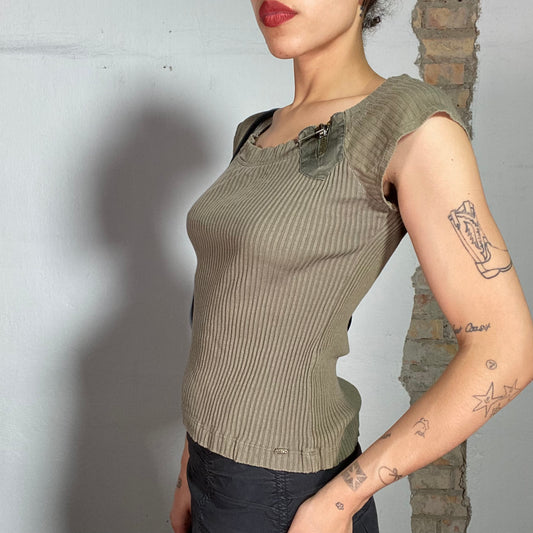 Vintage 2000's Morgan de Toi Khaki Ribbed Shirt with Zipper Detail (S)
