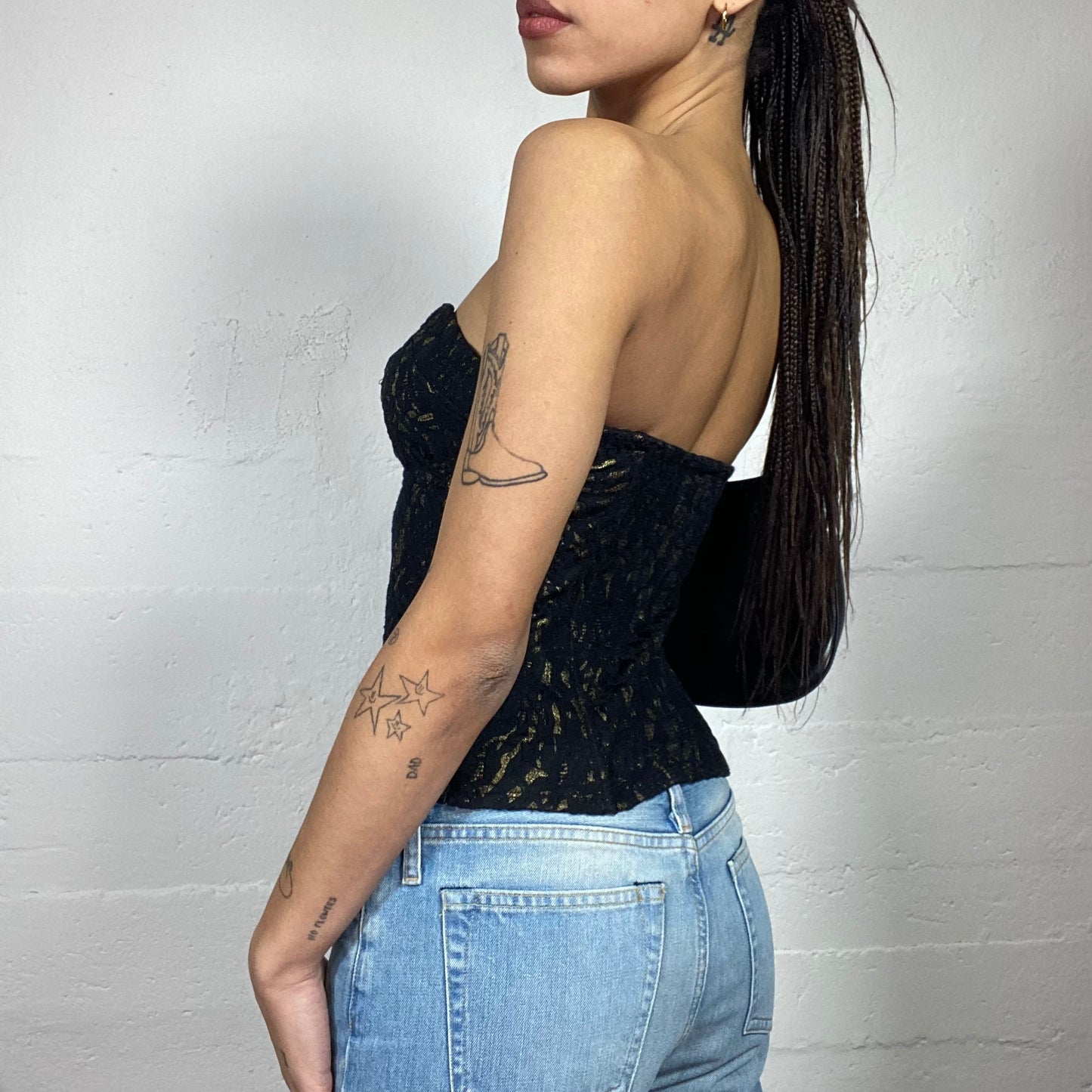 Vintage 2000's Clubwear Gold Bustier Top with Black Lace Covering Material  (S)