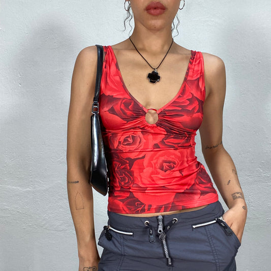 Vintage 2000's Romantic Red Rose Print Tank Top with Ring Detail (XS)