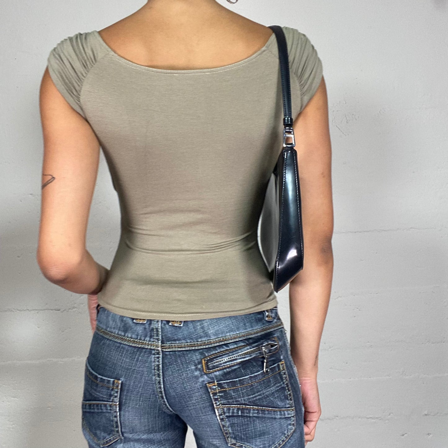 Vintage 2000's Downtown Girl Olive Green Top with Crossed Neck and Drapped Fall (XS)