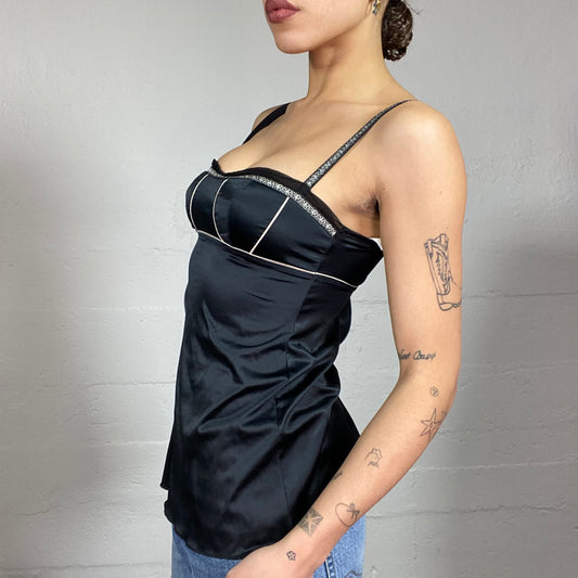 Vintage 2000's Romantic Girl Black Satin Top with Embroidery Work Trim Detail (S)
