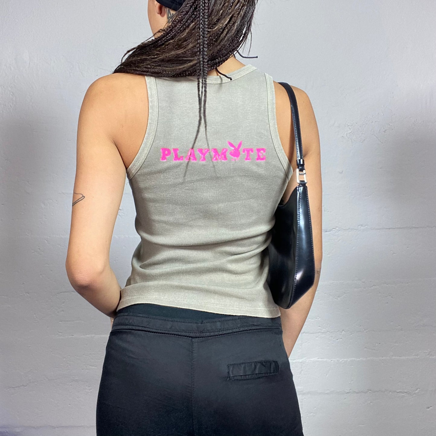 Vintage 2000's Playboy Girl Khaki Top with Pink Logo Print (S)