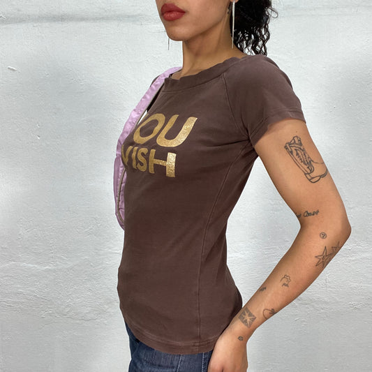 Vintage 2000's Downtown Girl Brown Top with Golden "You Wish" Print (M)