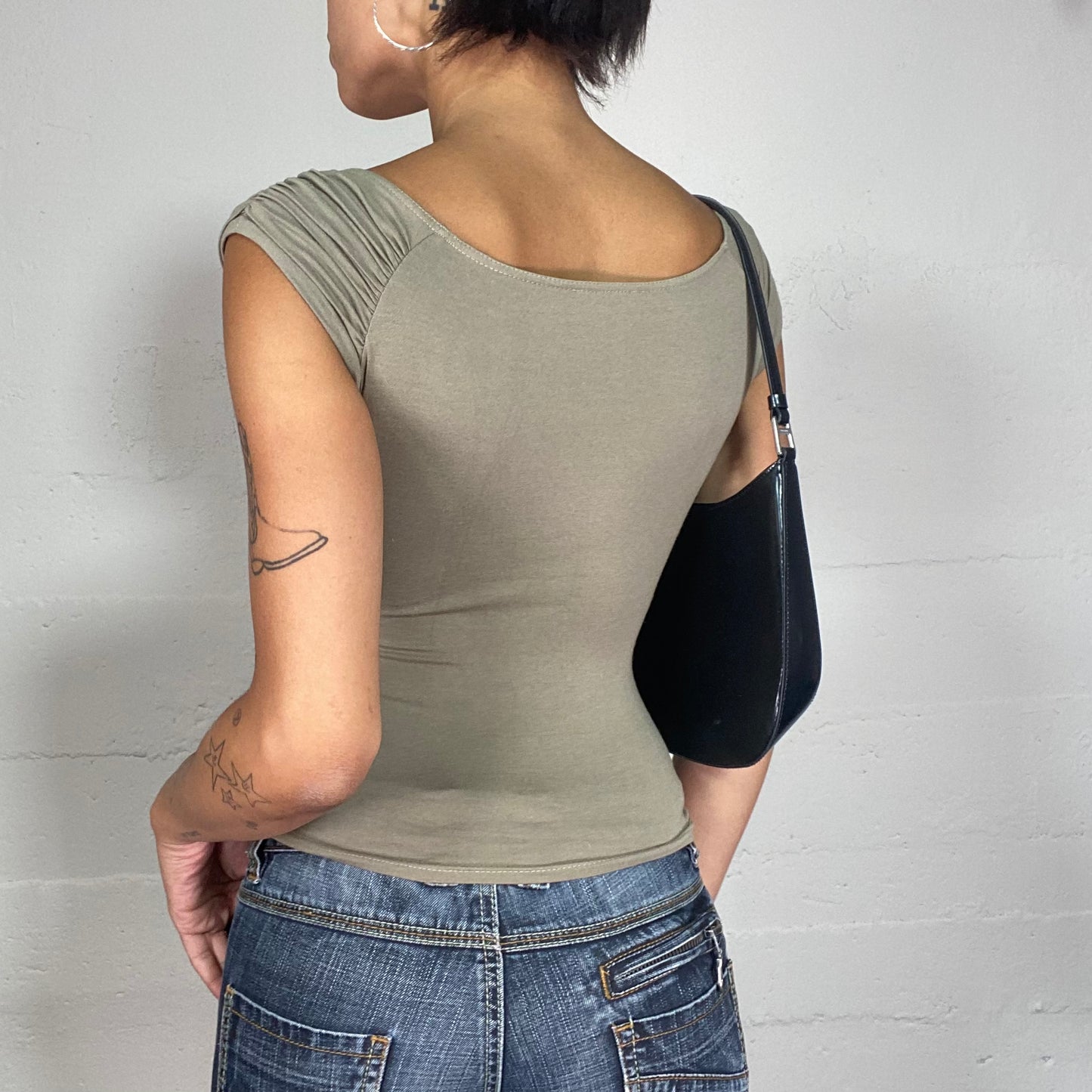 Vintage 2000's Downtown Girl Olive Green Top with Crossed Neck and Drapped Fall (XS)