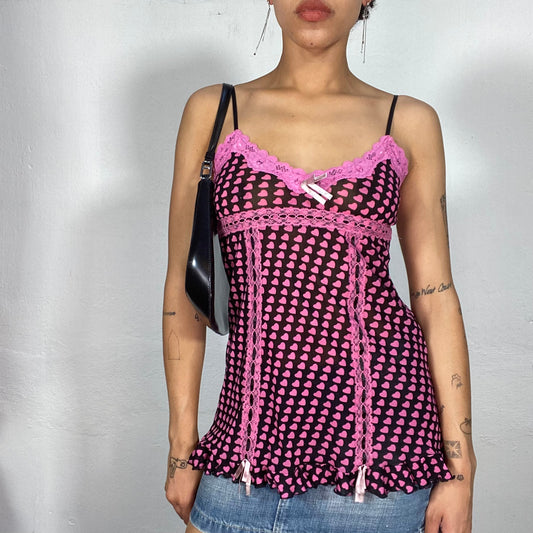Vintage 2000's Coquette Black Cami Top with Pink Heart Print (S)