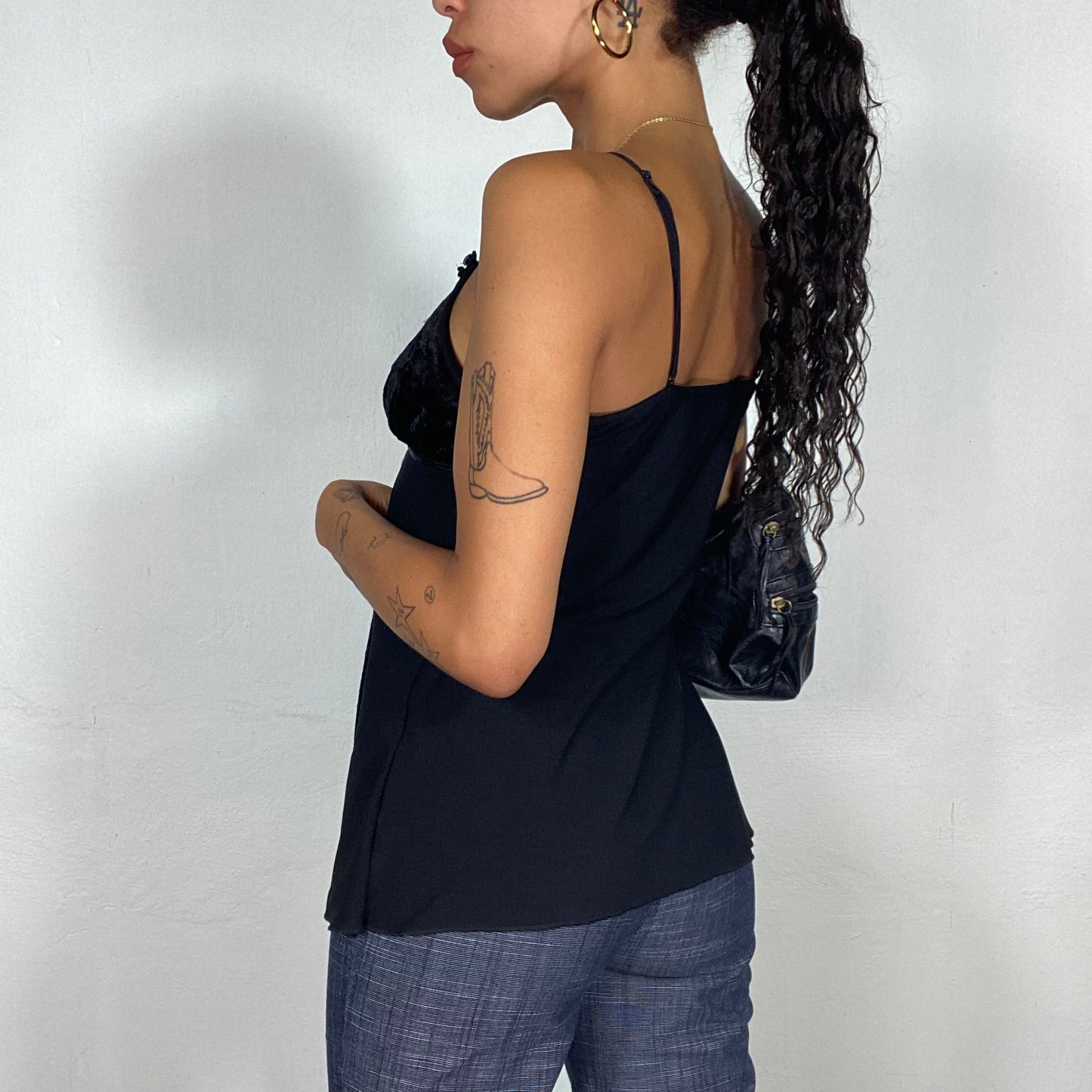 Vintage 2000's Clubwear Black Top with Velvet Draped Part and Floral Neck Detail (M)