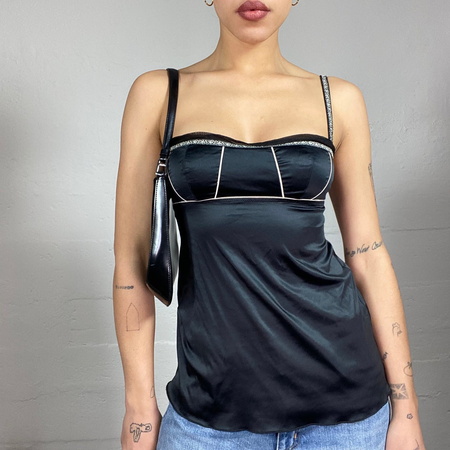 Vintage 2000's Romantic Girl Black Satin Top with Embroidery Work Trim Detail (S)