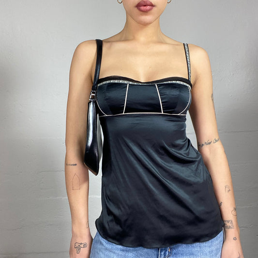 Vintage 2000's Romantic Girl Black Satin Top with Embroidery Work Trim Detail (S)