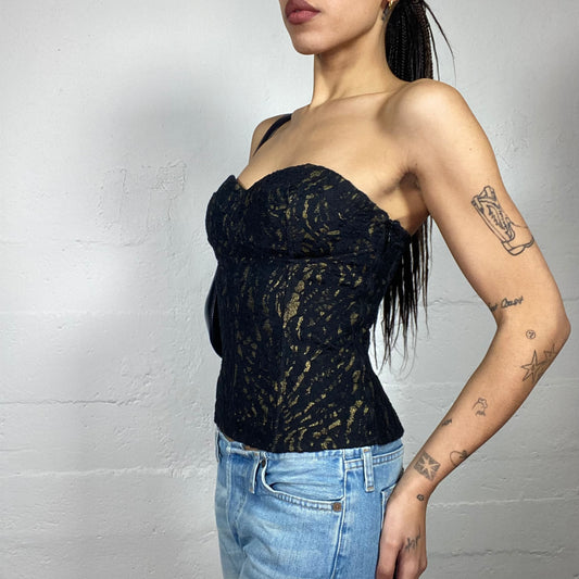 Vintage 2000's Clubwear Gold Bustier Top with Black Lace Covering Material  (S)