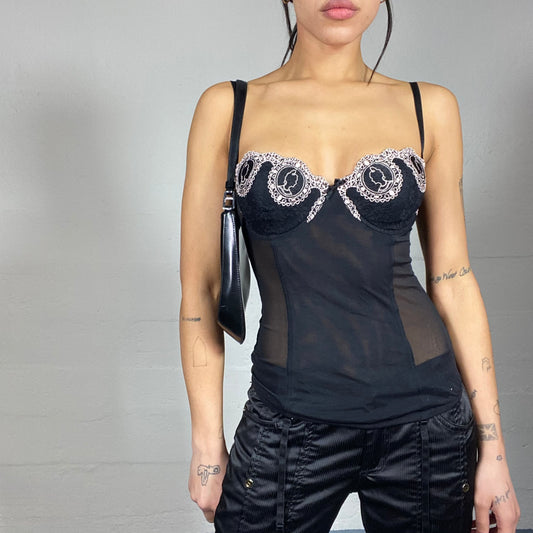 Vintage 2000's Lingerie Black Mesh Corset Top with Pink Embroidery Detail (S)