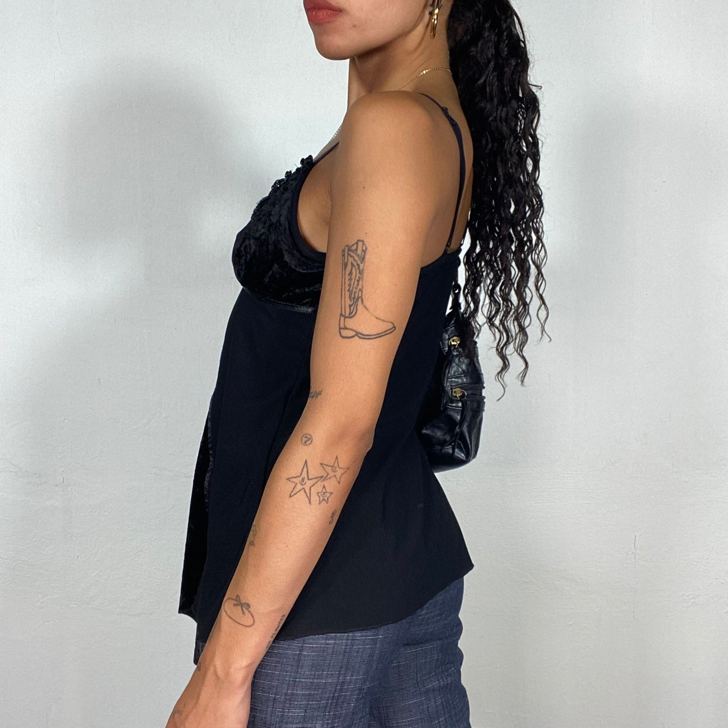 Vintage 2000's Clubwear Black Top with Velvet Draped Part and Floral Neck Detail (M)