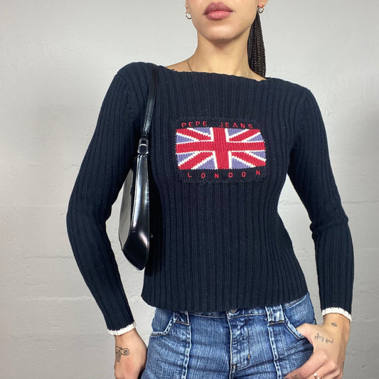 Vintage 2000's Pepe Jeans Black Knit Pullover with Navy Brand UK Flag Detail (S)