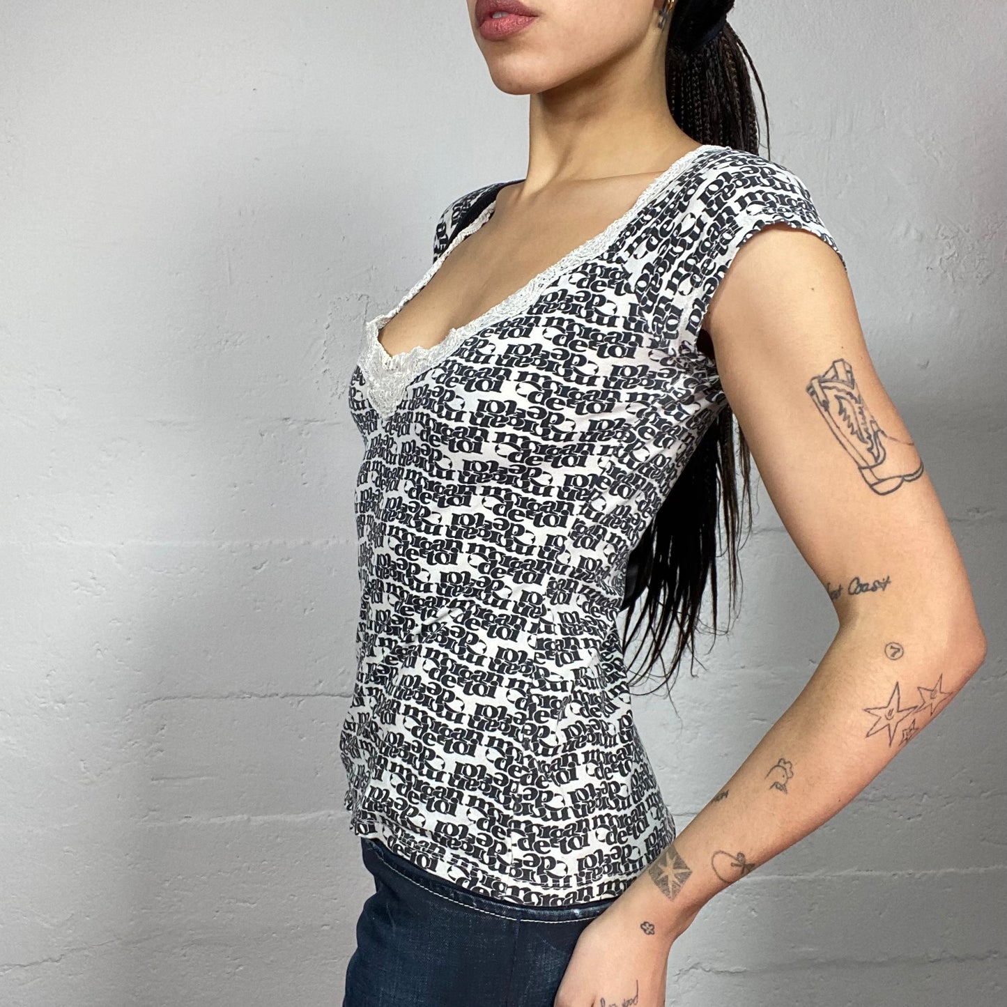 Vintage 90's Morgan Coquette White Top with Black Monogram Print (S)