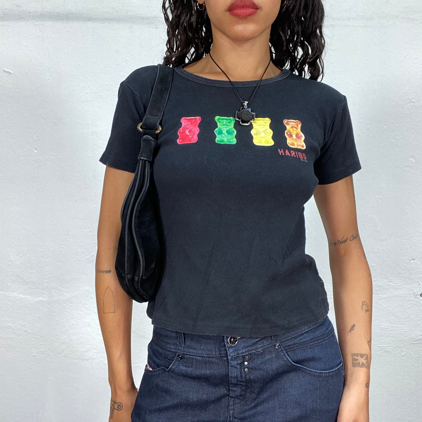 Vintage 2000's Haribo Streetstyle Black Top with Gum Teddy Print (S)