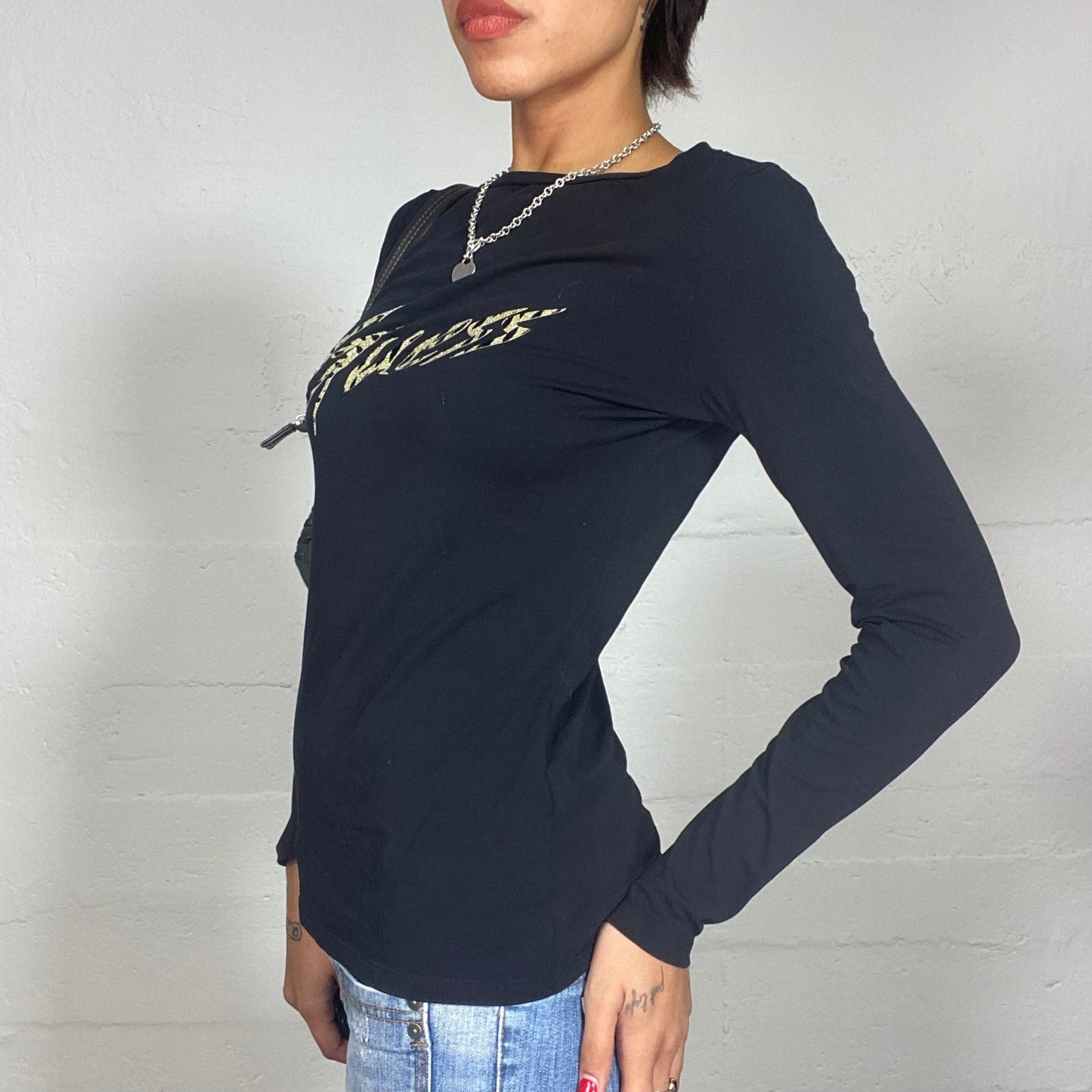 Vintage 90's Guess College Girl Black Longsleeve Top with Brand Name Tiger Print (S/M)