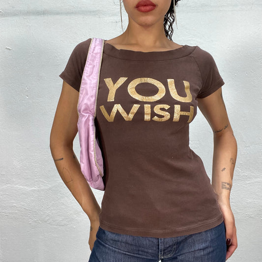 Vintage 2000's Downtown Girl Brown Top with Golden "You Wish" Print (M)