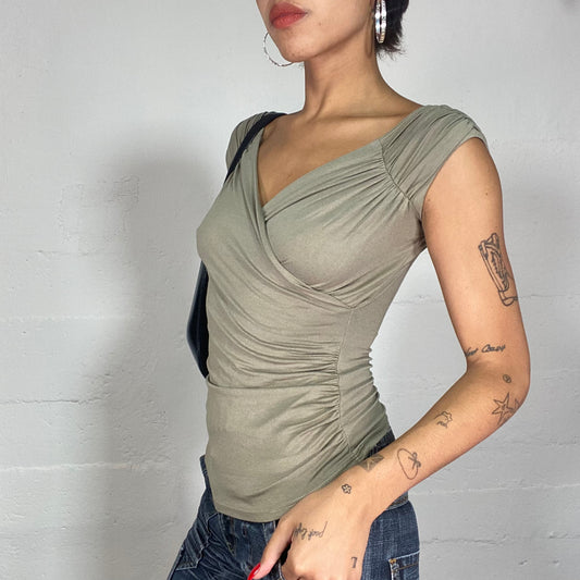 Vintage 2000's Downtown Girl Olive Green Top with Crossed Neck and Drapped Fall (XS)